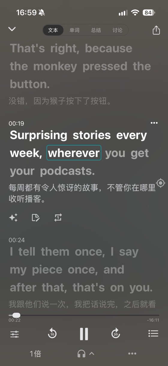 播放页：逐句对照、倍速与跟读